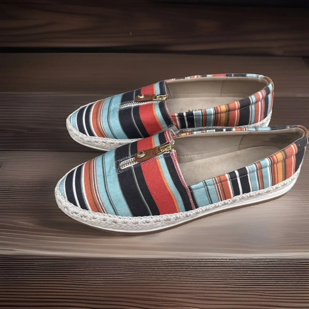 Anne Klein Women's Shoes Striped Espadrille Zip Sandals US Size 10M